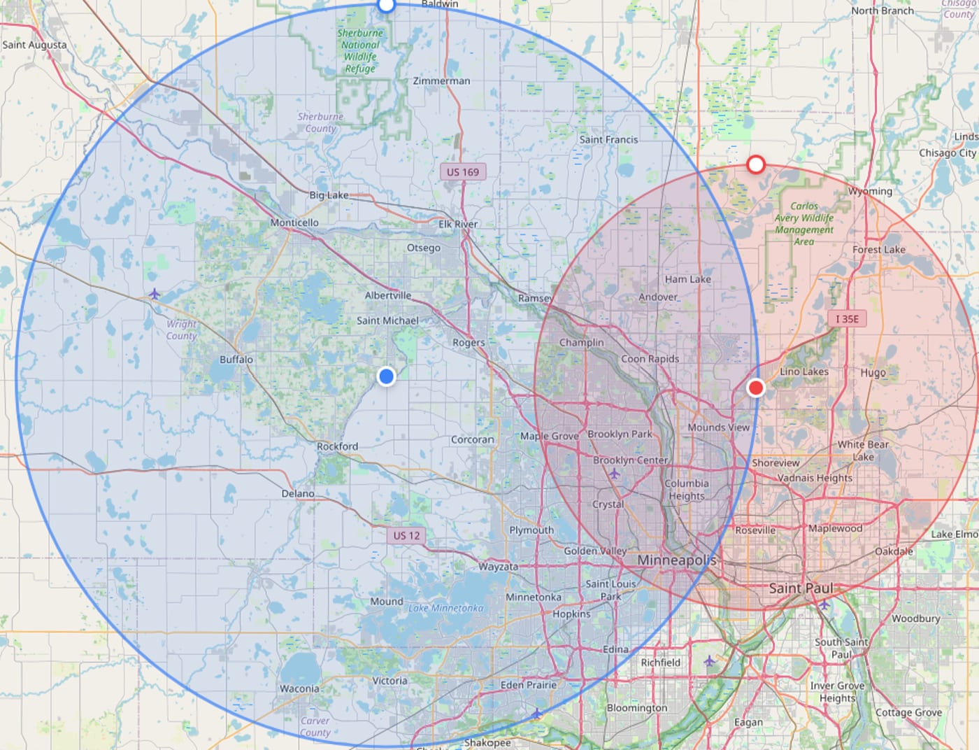 Map showing two circles marking the Wellspring Lactation in-home service areas across the Twin Cities metro — Chelle Reitz in blue to the west and northwest, Ashley Mahle in red to the north and east